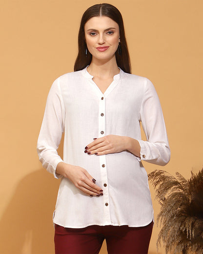 Wobbly Walk White Maternity Nursing Shirt-Solid Color-Linen-Bump Friendly