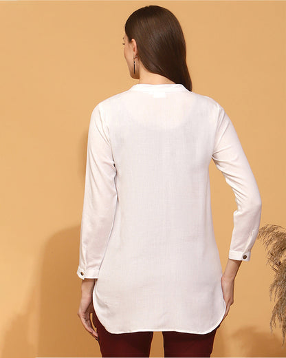 Wobbly Walk White Maternity Nursing Shirt-Solid Color-Linen-Bump Friendly