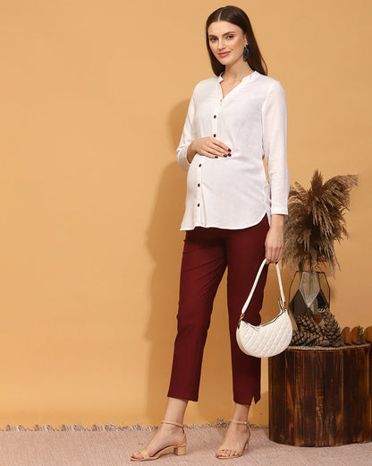 Wobbly Walk White Maternity Nursing Shirt-Solid Color-Linen-Bump Friendly