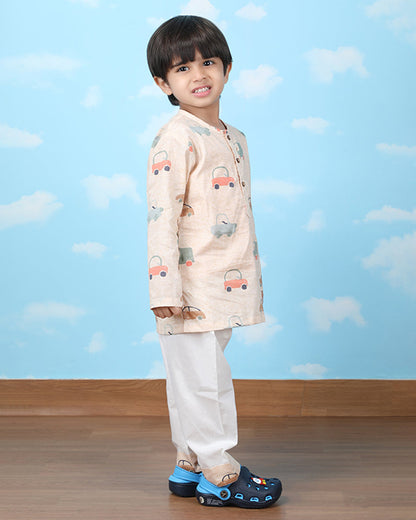 Polka Tots Beige Nightsuit-Car Print-Cotton-For Infants