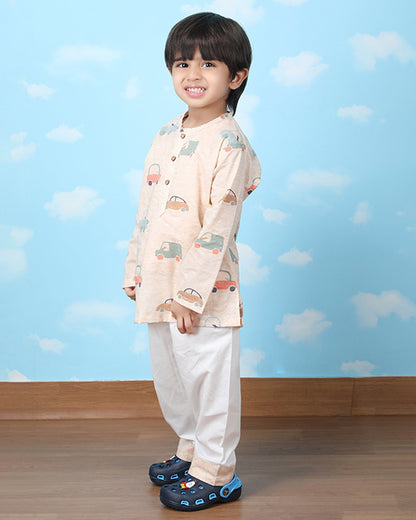 Polka Tots Beige Nightsuit-Car Print-Cotton-For Infants