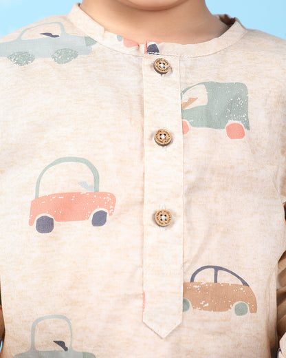 Polka Tots Beige Nightsuit-Car Print-Cotton-For Infants