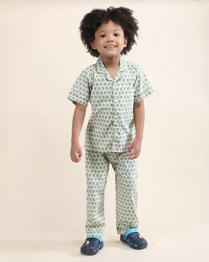 Polka Tots Green Nightsuit-Elephant Print-Cotton-For Infants