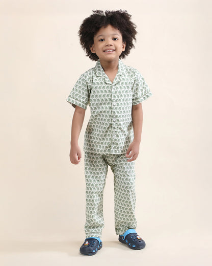Polka Tots Green Nightsuit-Elephant Print-Cotton-For Infants