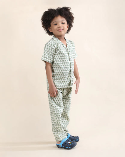 Polka Tots Green Nightsuit-Elephant Print-Cotton-For Infants