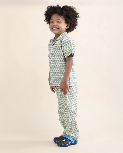Polka Tots Green Nightsuit-Elephant Print-Cotton-For Infants