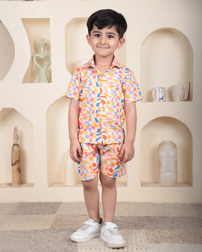 Polka Tots Multicolor Shirt & Shorts Set-Geometric Print-Cotton-For Infants