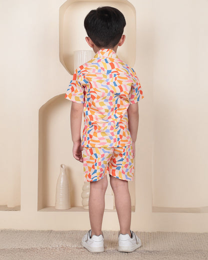 Polka Tots Multicolor Shirt & Shorts Set-Geometric Print-Cotton-For Infants