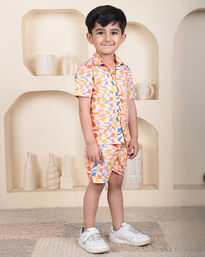 Polka Tots Multicolor Shirt & Shorts Set-Geometric Print-Cotton-For Infants