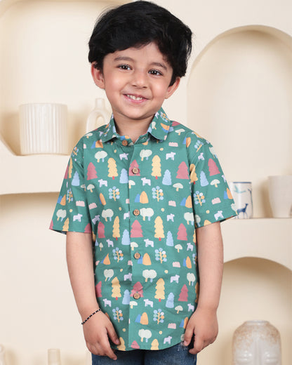 Polka Tots Teal Shirt-Tree Print-Cotton-For Infants