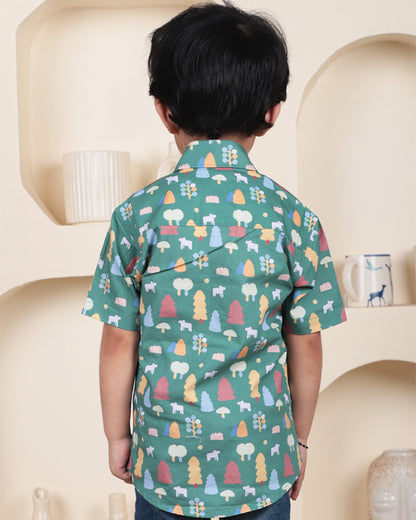 Polka Tots Teal Shirt-Tree Print-Cotton-For Infants