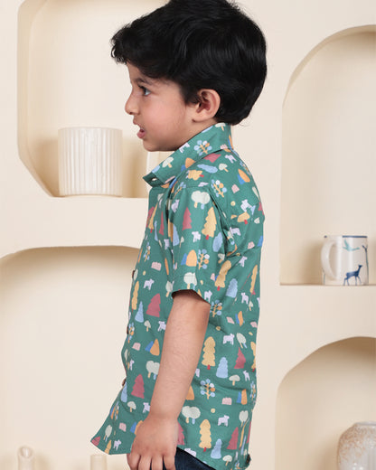Polka Tots Teal Shirt-Tree Print-Cotton-For Infants