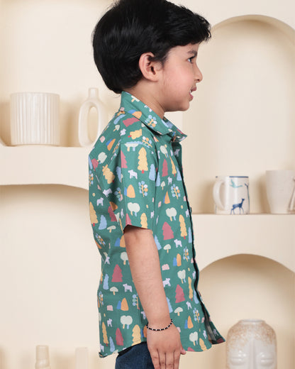 Polka Tots Teal Shirt-Tree Print-Cotton-For Infants