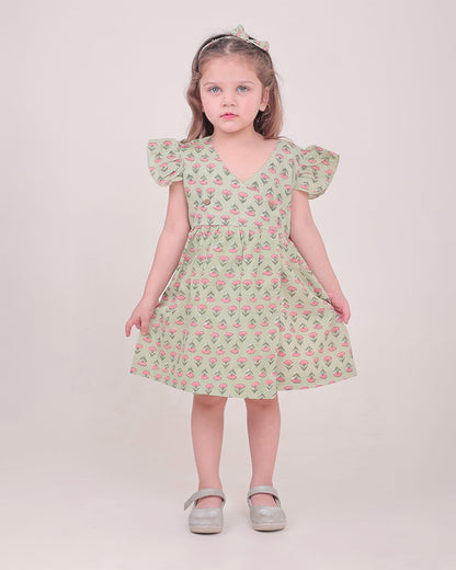 Polka Tots Sage Green Frock-Floral Print-Cotton Muslin-For Infants