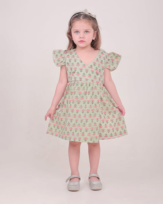 Polka Tots Sage Green Frock-Floral Print-Cotton Muslin-For Infants