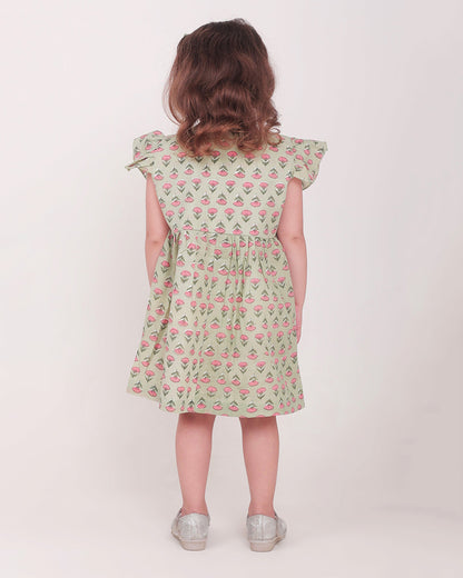 Polka Tots Sage Green Frock-Floral Print-Cotton Muslin-For Infants