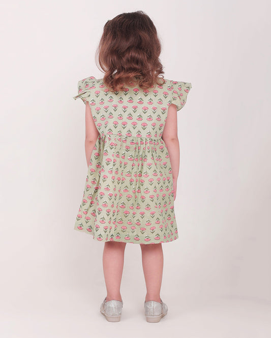 Polka Tots Sage Green Frock-Floral Print-Cotton Muslin-For Infants