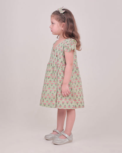 Polka Tots Sage Green Frock-Floral Print-Cotton Muslin-For Infants