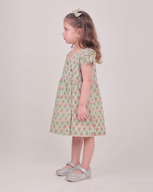Polka Tots Sage Green Frock-Floral Print-Cotton Muslin-For Infants