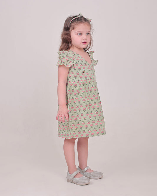 Polka Tots Sage Green Frock-Floral Print-Cotton Muslin-For Infants