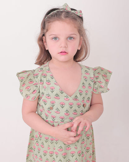 Polka Tots Sage Green Frock-Floral Print-Cotton Muslin-For Infants