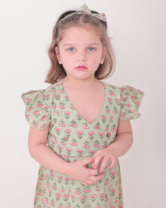 Polka Tots Sage Green Frock-Floral Print-Cotton Muslin-For Infants