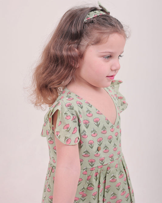 Polka Tots Sage Green Frock-Floral Print-Cotton Muslin-For Infants