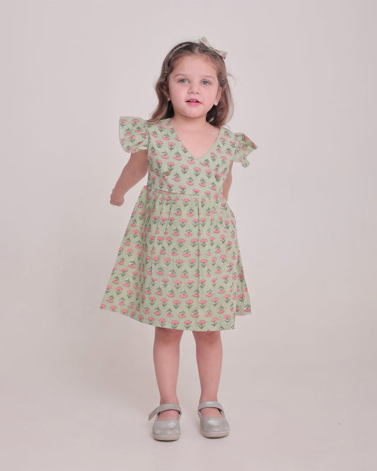 Polka Tots Sage Green Frock-Floral Print-Cotton Muslin-For Infants
