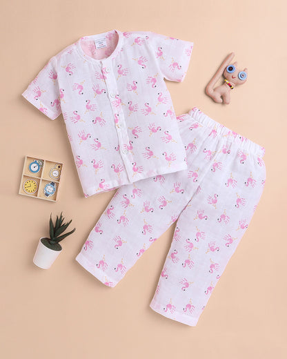 Polka Tots White & Pink Jhabla Set-Flamingo Print-Cotton-For Infants