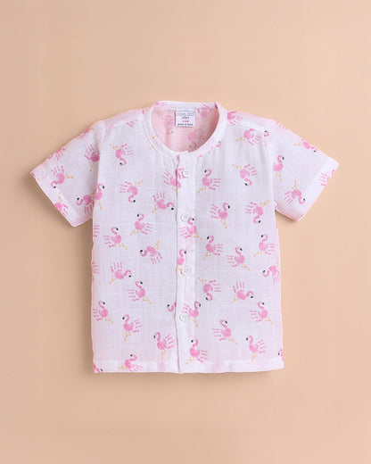 Polka Tots White & Pink Jhabla Set-Flamingo Print-Cotton-For Infants