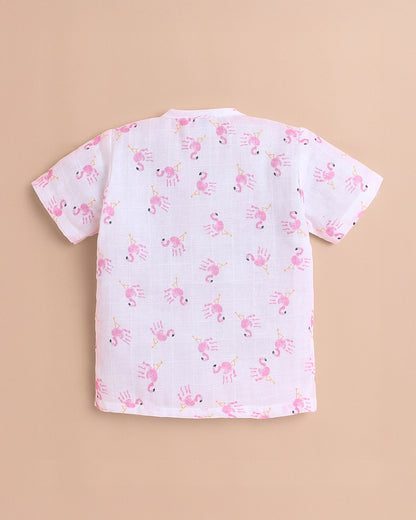 Polka Tots White & Pink Jhabla Set-Flamingo Print-Cotton-For Infants