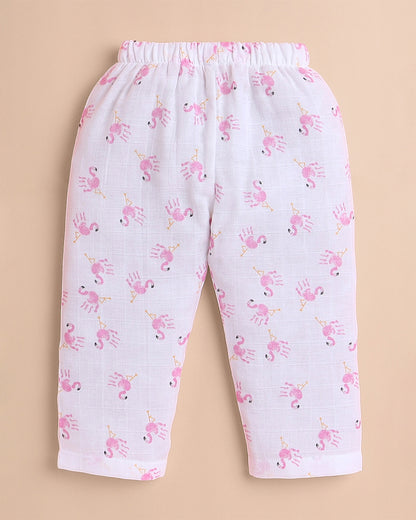 Polka Tots White & Pink Jhabla Set-Flamingo Print-Cotton-For Infants