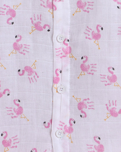 Polka Tots White & Pink Jhabla Set-Flamingo Print-Cotton-For Infants