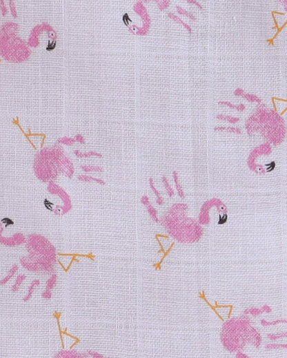 Polka Tots White & Pink Jhabla Set-Flamingo Print-Cotton-For Infants