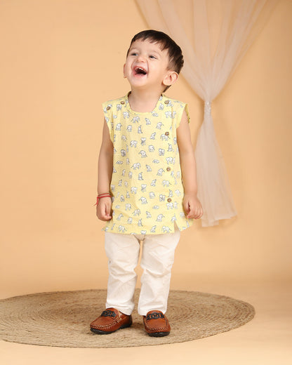 Polka Tots Yellow Jhabla Set-Elephant Print-Cotton-For Infants