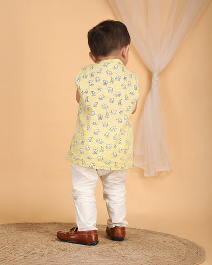 Polka Tots Yellow Jhabla Set-Elephant Print-Cotton-For Infants