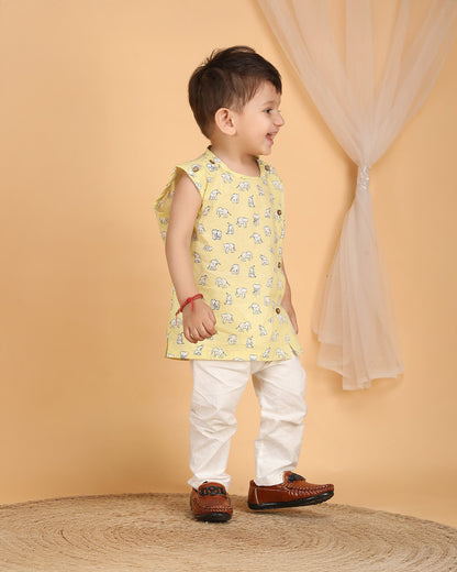 Polka Tots Yellow Jhabla Set-Elephant Print-Cotton-For Infants