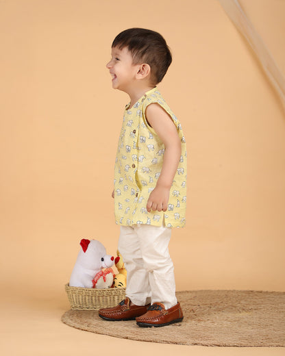 Polka Tots Yellow Jhabla Set-Elephant Print-Cotton-For Infants