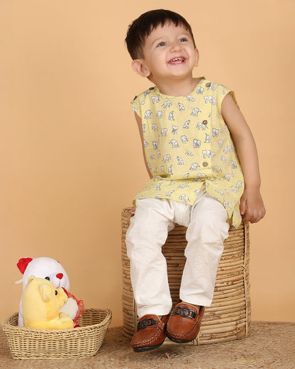 Polka Tots Yellow Jhabla Set-Elephant Print-Cotton-For Infants