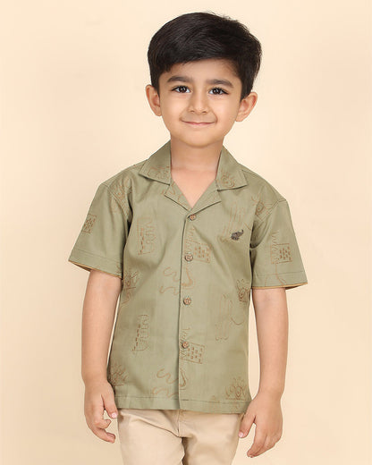 Polka Tots Sage Green Shirt-Embroidered-Cotton-For Infants