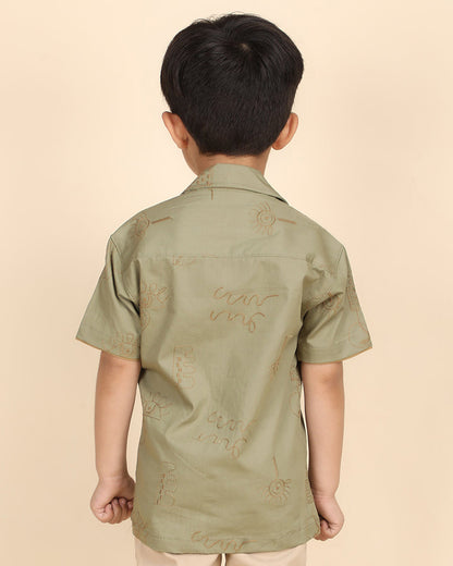 Polka Tots Sage Green Shirt-Embroidered-Cotton-For Infants