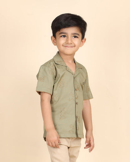 Polka Tots Sage Green Shirt-Embroidered-Cotton-For Infants