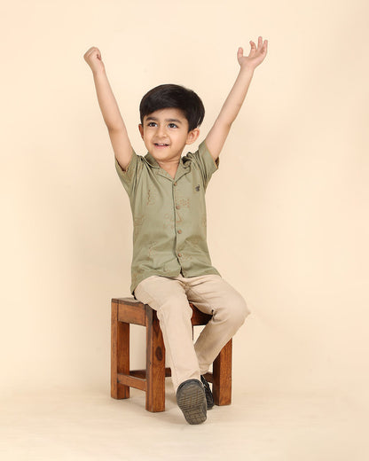 Polka Tots Sage Green Shirt-Embroidered-Cotton-For Infants