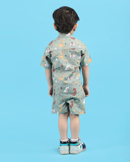 Polka Tots Green Shirt & Shorts Set-Dinosaur Print-Cotton-For Infants