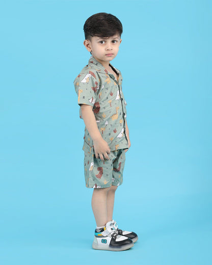 Polka Tots Green Shirt & Shorts Set-Dinosaur Print-Cotton-For Infants