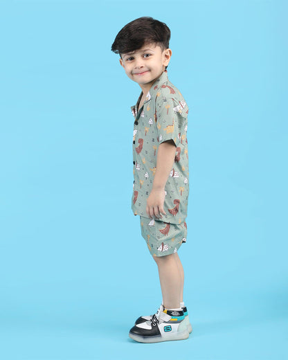 Polka Tots Green Shirt & Shorts Set-Dinosaur Print-Cotton-For Infants