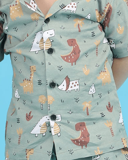 Polka Tots Green Shirt & Shorts Set-Dinosaur Print-Cotton-For Infants
