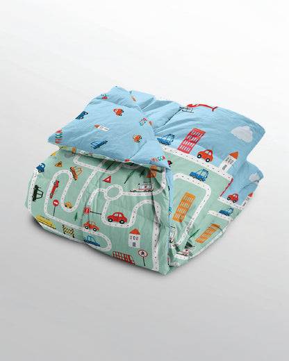 Polka Tots Reversible Baby Quilt-Roadway-100% Microfiber-Blue-For Toddlers