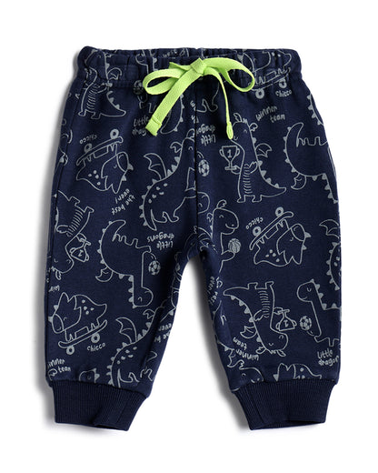 Chicco Navy Blue Joggers-Dino Printed-Cotton-For Infants