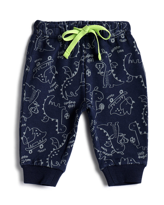 Chicco Navy Blue Joggers-Dino Printed-Cotton-For Infants
